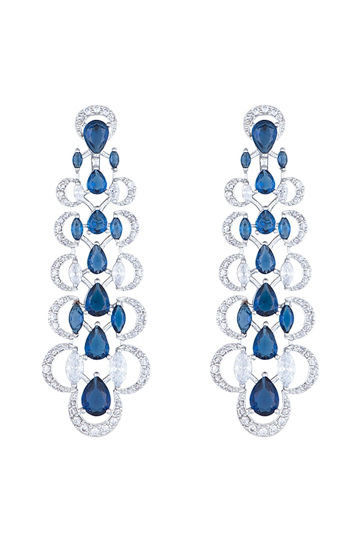 White Rhodium Plated Faux Sapphire & Diamond Dangler Earrings by Aster at Pernia's Pop Up Shop