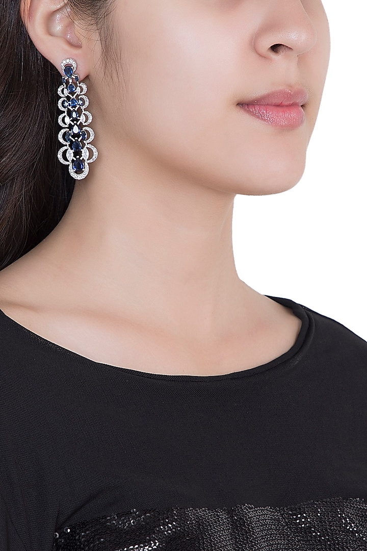 White Rhodium Plated Faux Sapphire & Diamond Dangler Earrings by Aster