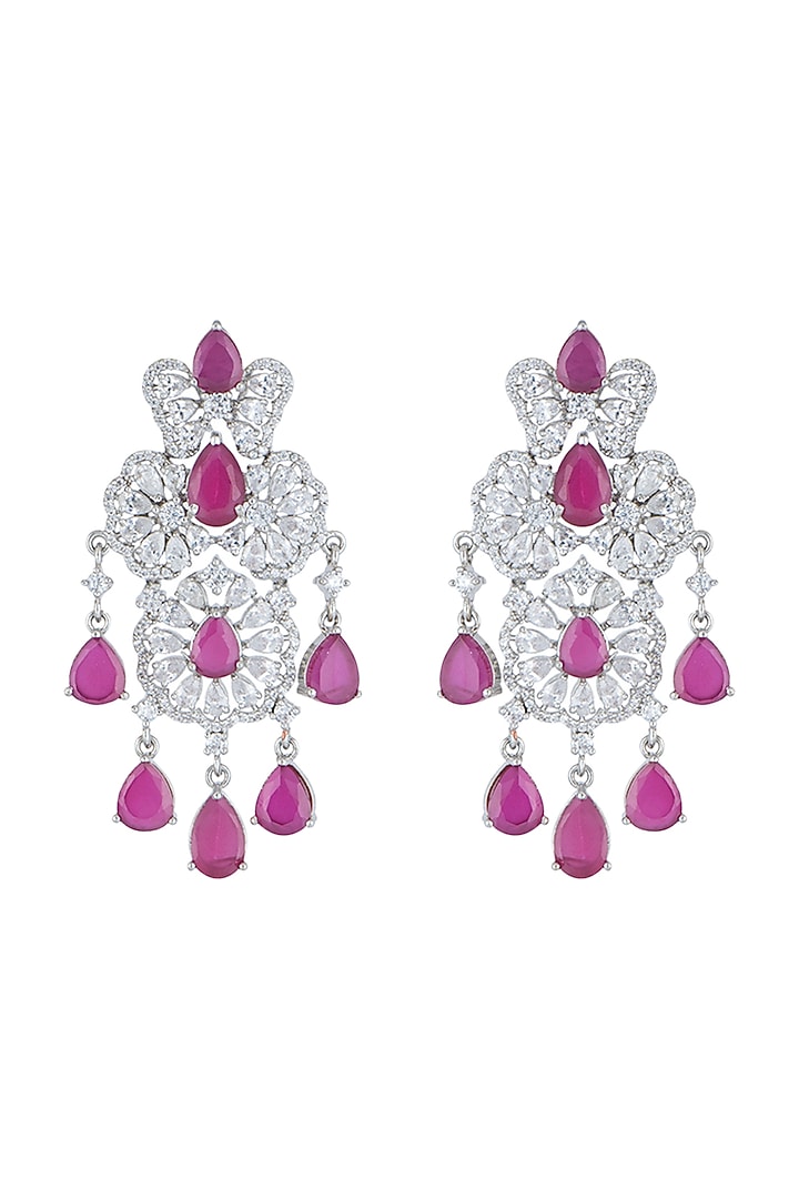 White Rhodium Plated Faux Diamond & Ruby Long Earrings by Aster at Pernia's Pop Up Shop