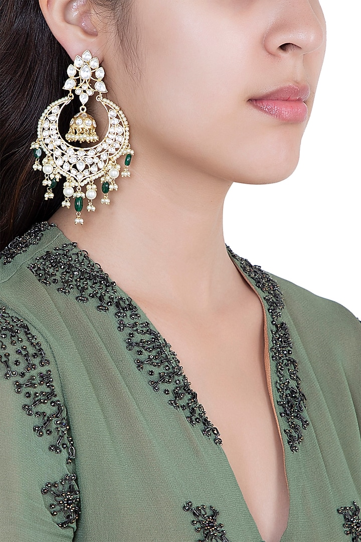 Gold Plated Faux Kundan & Green Pearl Earrings by Aster