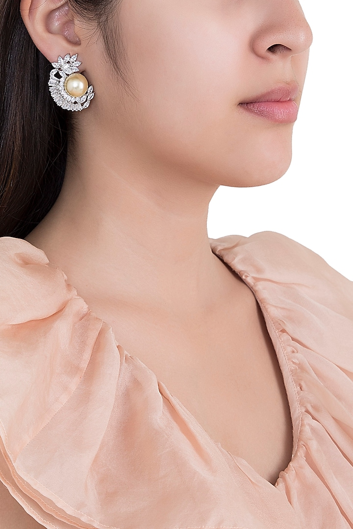 Silver Plated Faux Pearl & Diamond Earrings by Aster at Pernia's Pop Up Shop