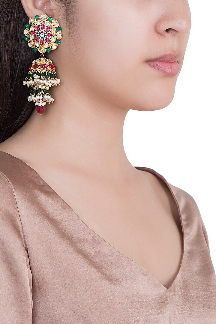 Gold Finish Zircon Pearl Jhumka Earrings by Aster