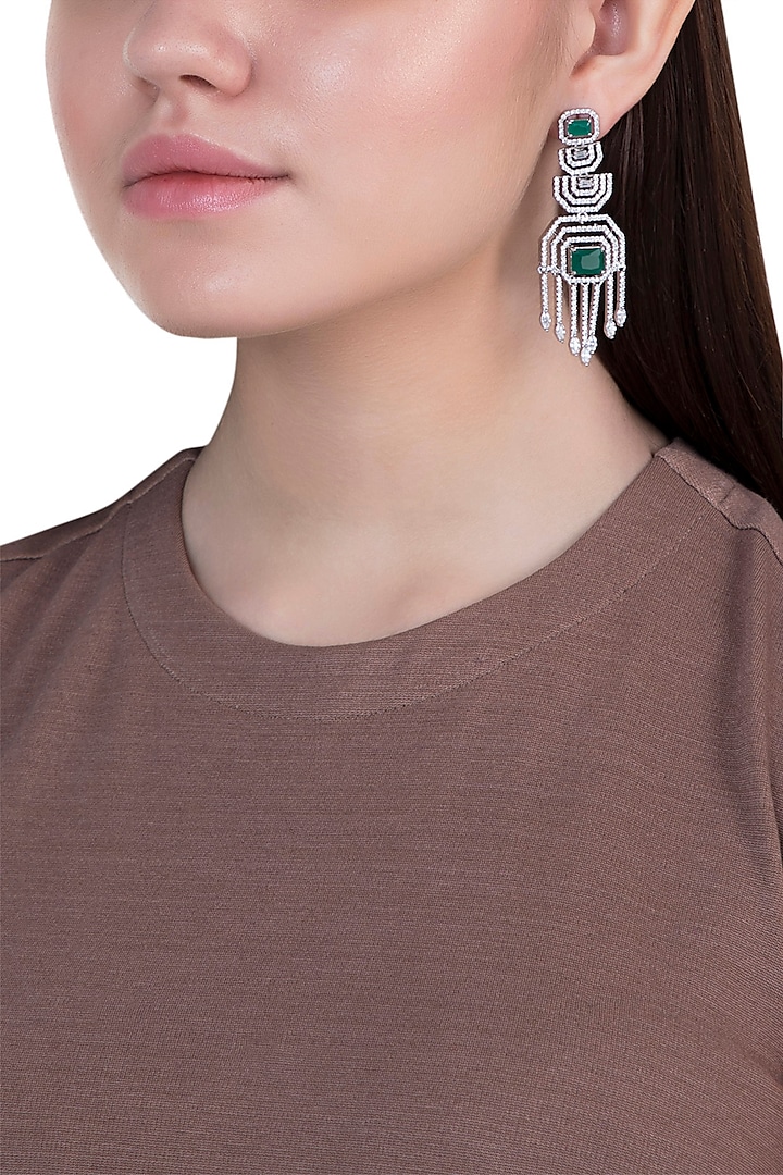 White gold plated faux diamond and emerald earrings by Aster