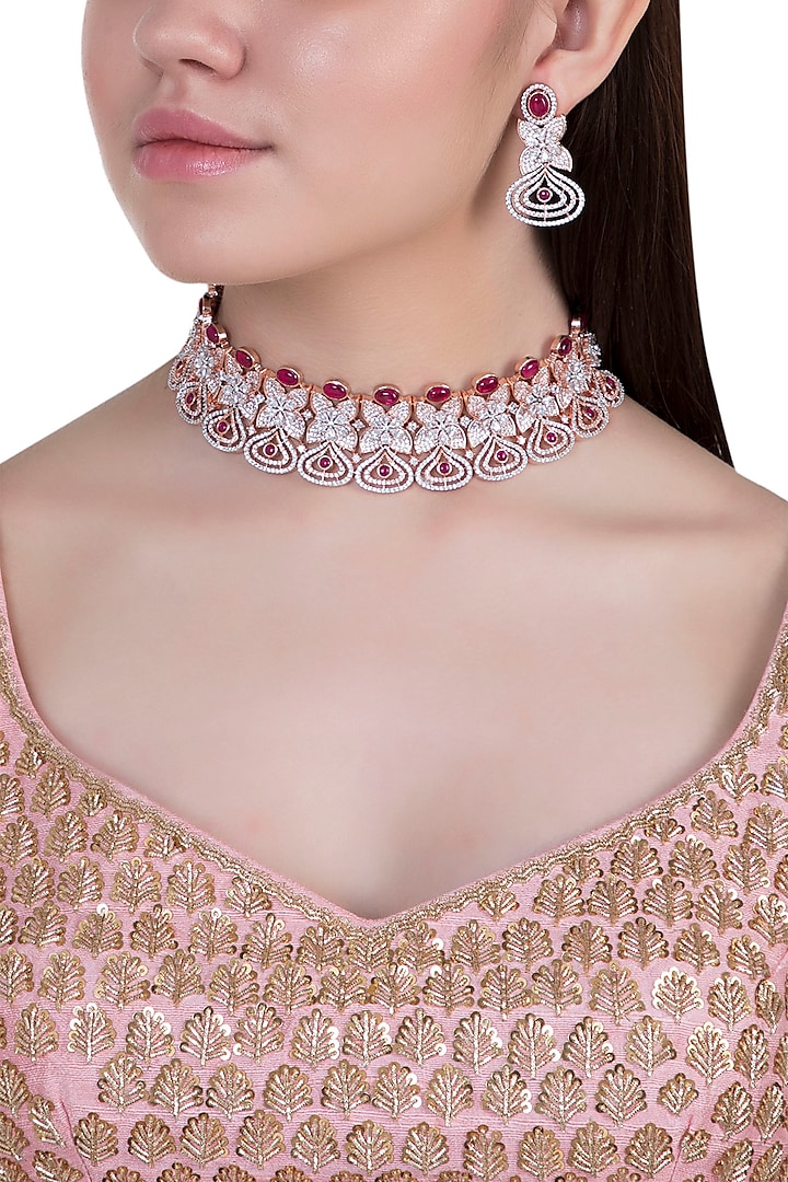 Rose gold plated faux diamond and ruby necklace set by Aster