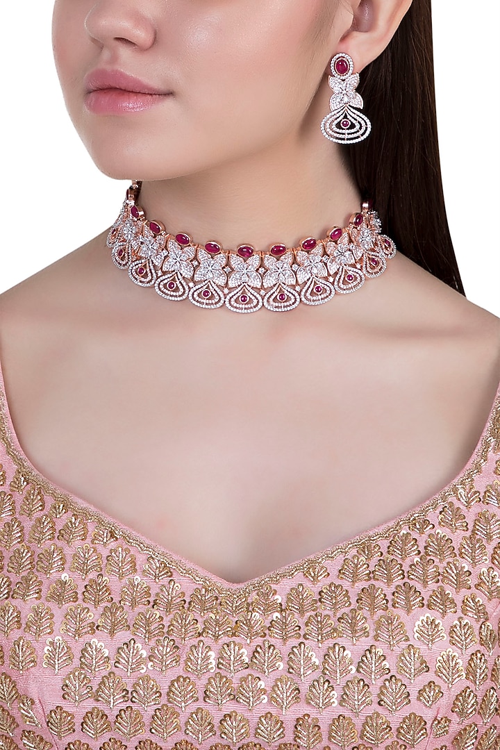 Rose gold plated faux diamond and ruby necklace set by Aster at Pernia's Pop Up Shop