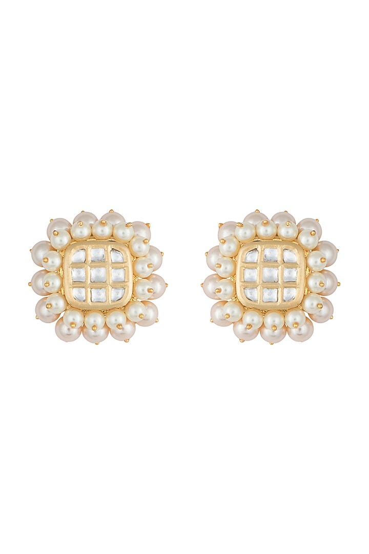 Yellow rhodium plated pearl and kundan stud earrings by Aster at Pernia's Pop Up Shop