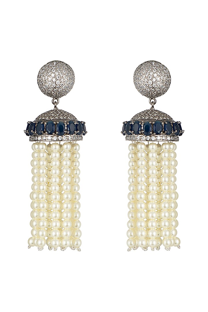 Black rhodium plated pearl, saphhire and zircon earrings by Aster at Pernia's Pop Up Shop