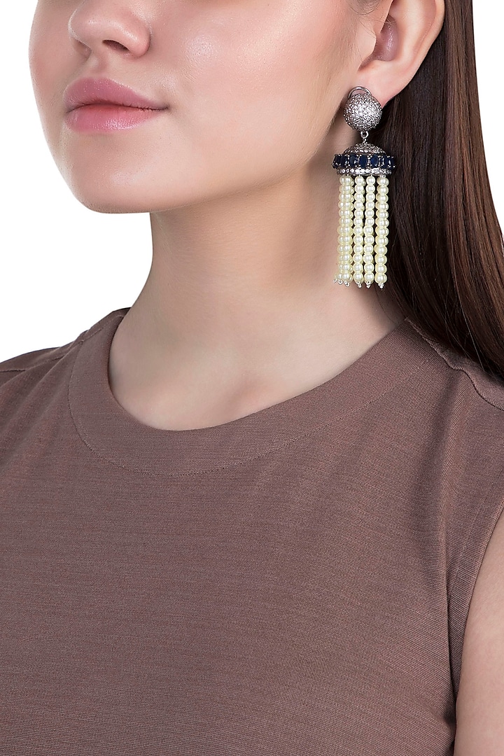 Black rhodium plated pearl, saphhire and zircon earrings by Aster