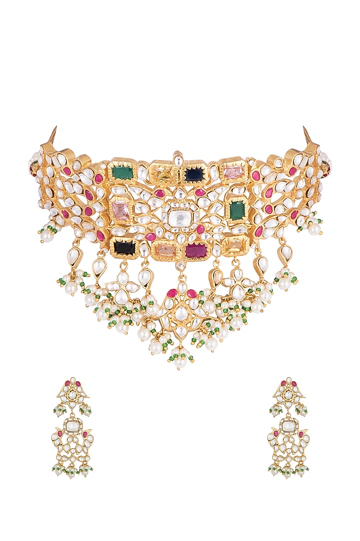Yellow rhodium plated navratna pearl choker necklace set by Aster at Pernia's Pop Up Shop