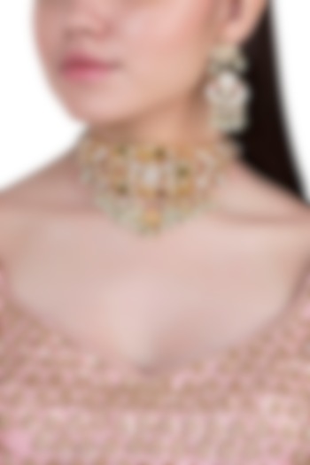 Yellow rhodium plated navratna pearl choker necklace set by Aster at Pernia's Pop Up Shop