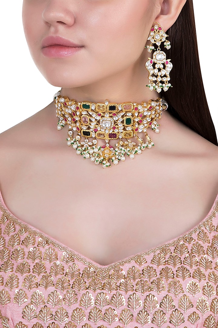 Yellow rhodium plated navratna pearl choker necklace set by Aster