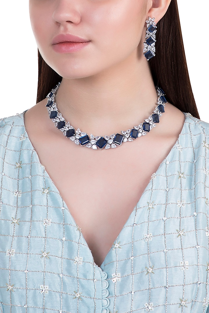 White rhodium plated sapphire and zircon necklace set by Aster