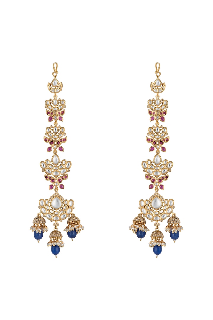 Silver plated faux kundan and blue stone earrings by Aster