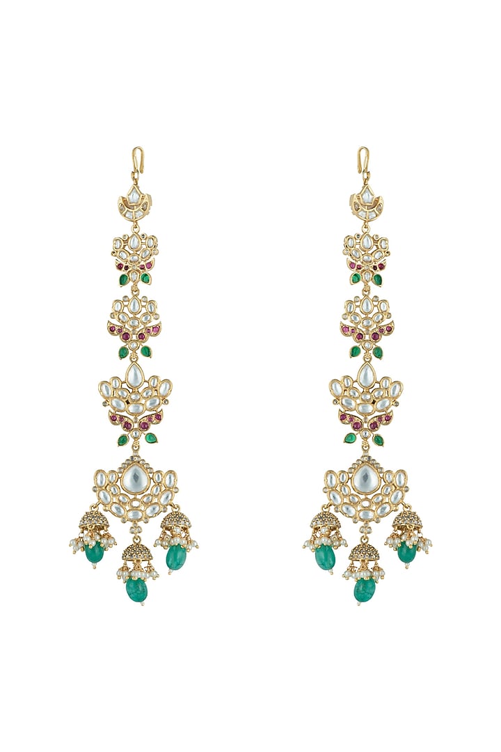 Gold plated faux kundan and green stone earrings by Aster at Pernia's Pop Up Shop