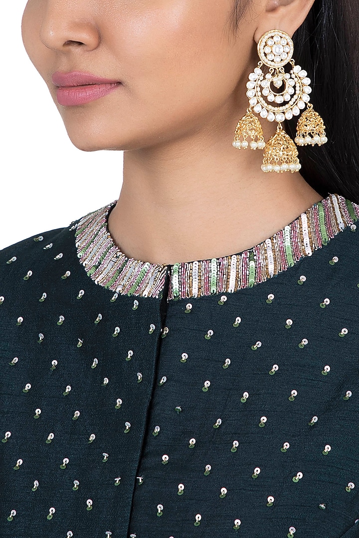 Gold plated faux kundan long chandbali earrings by Aster at Pernia's Pop Up Shop