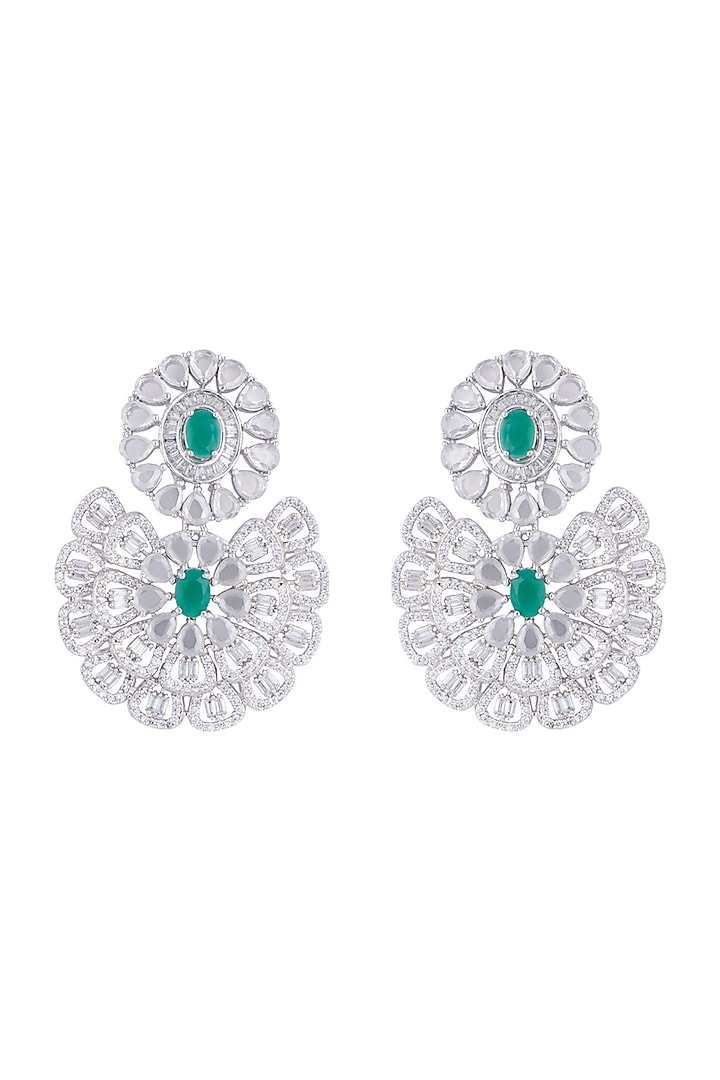 Silver plated faux diamond and emerald floral earrings by Aster at Pernia's Pop Up Shop