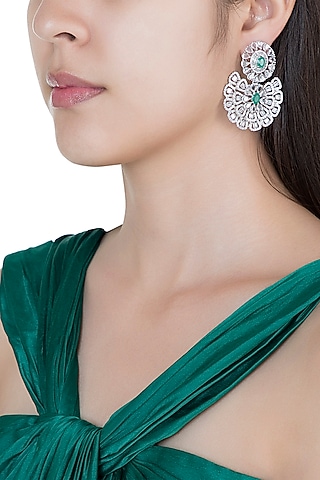 Silver plated faux diamond and emerald floral earrings by Aster