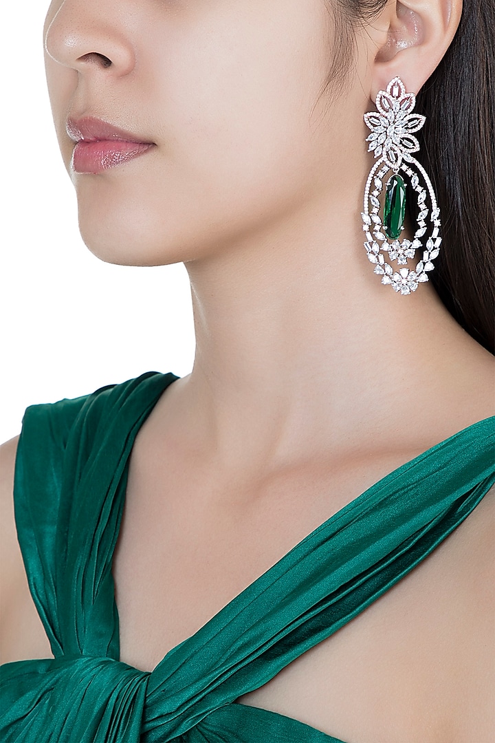 Silver plated faux diamond and emerald earrings by Aster