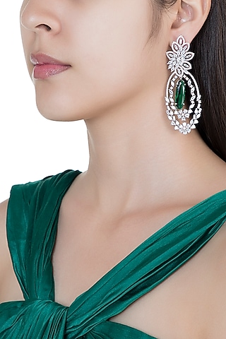 Silver plated faux diamond and emerald earrings by Aster