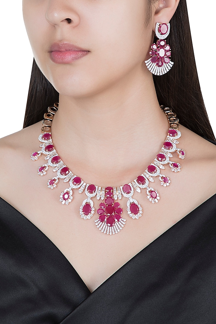 Silver plated faux diamond and ruby necklace set by Aster