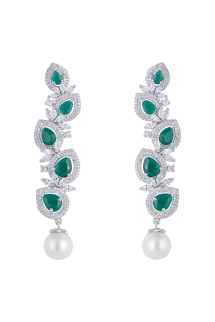 Silver plated faux diamond and emerald dangler earrings by Aster at Pernia's Pop Up Shop