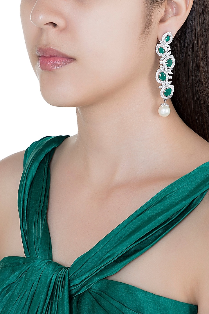 Silver plated faux diamond and emerald dangler earrings by Aster
