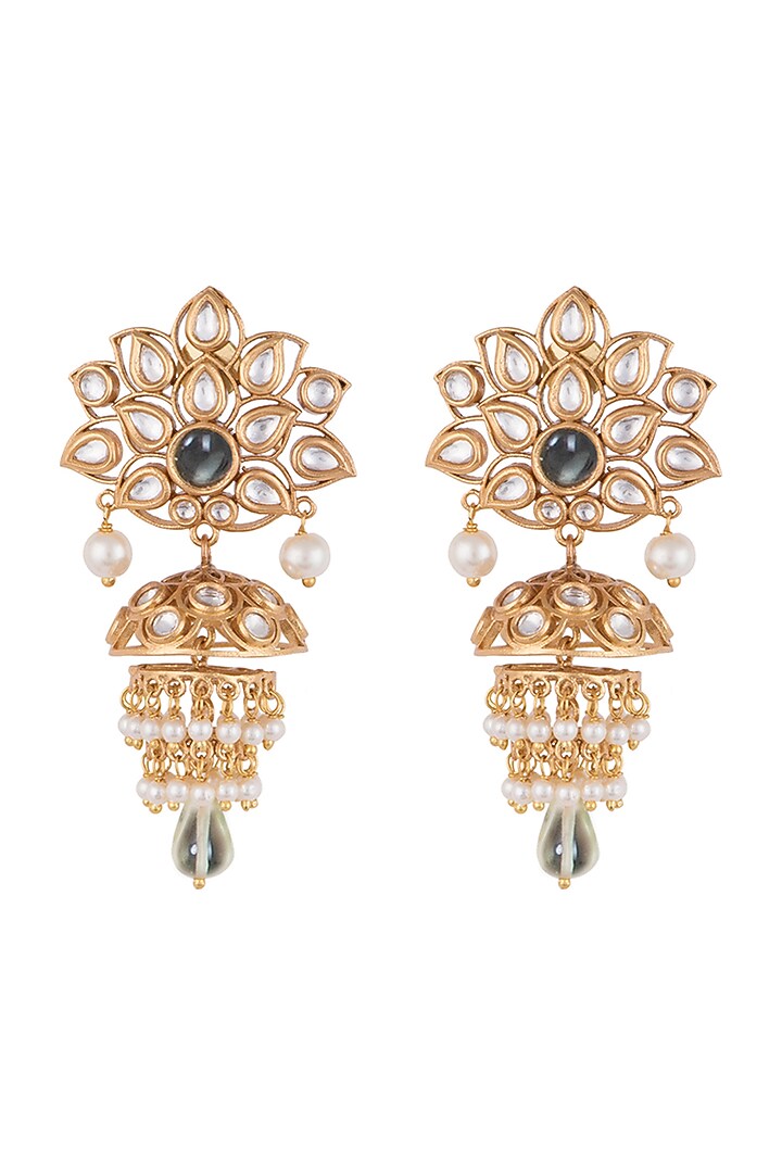 Gold plated faux kundan and green stone earrings by Aster at Pernia's Pop Up Shop