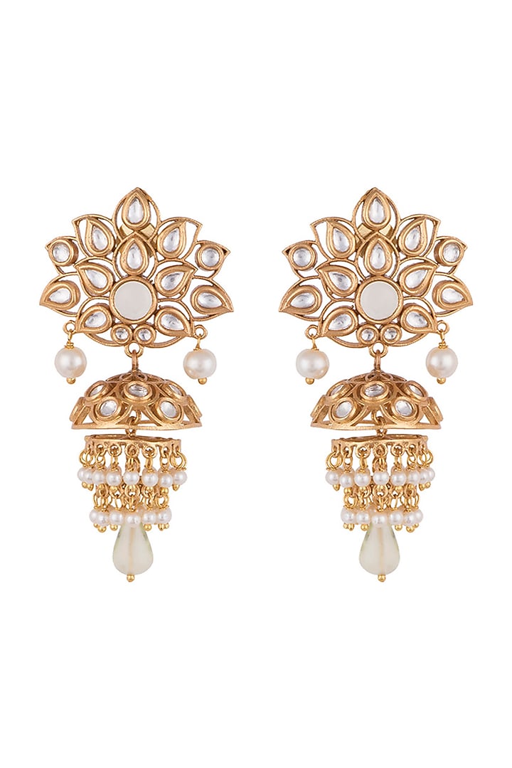 Gold plated faux kundan and white stone earrings by Aster at Pernia's Pop Up Shop