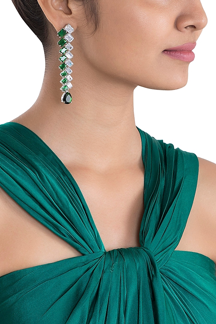 Silver plated faux diamond and emerald earrings by Aster