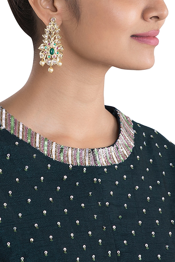 Gold plated faux diamond and emerald earrings by Aster at Pernia's Pop Up Shop