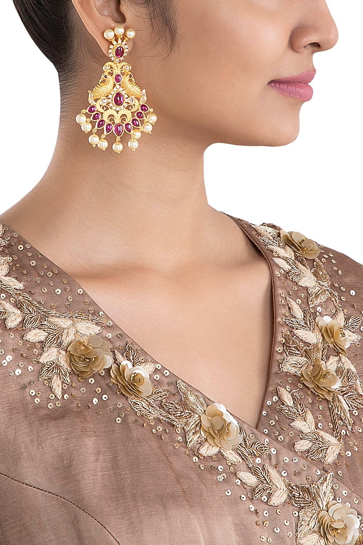 Gold plated faux kundan long earrings by Aster at Pernia's Pop Up Shop