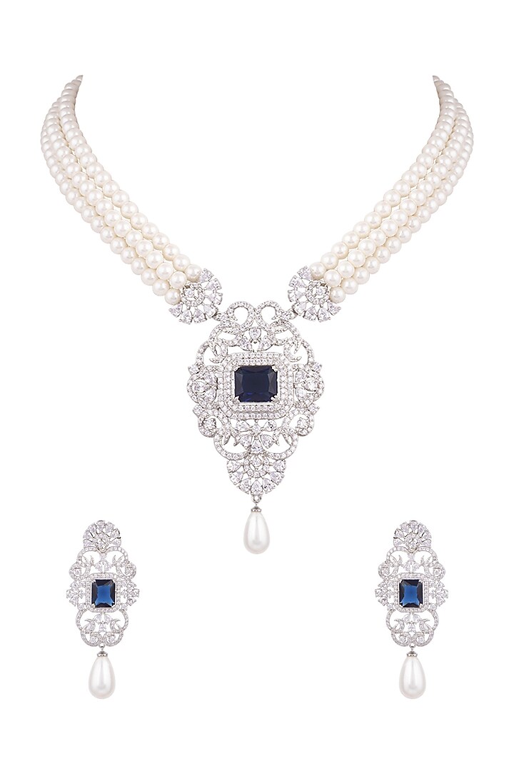 White Finish Pearl & Diamond Necklace Set by Aster at Pernia's Pop Up Shop