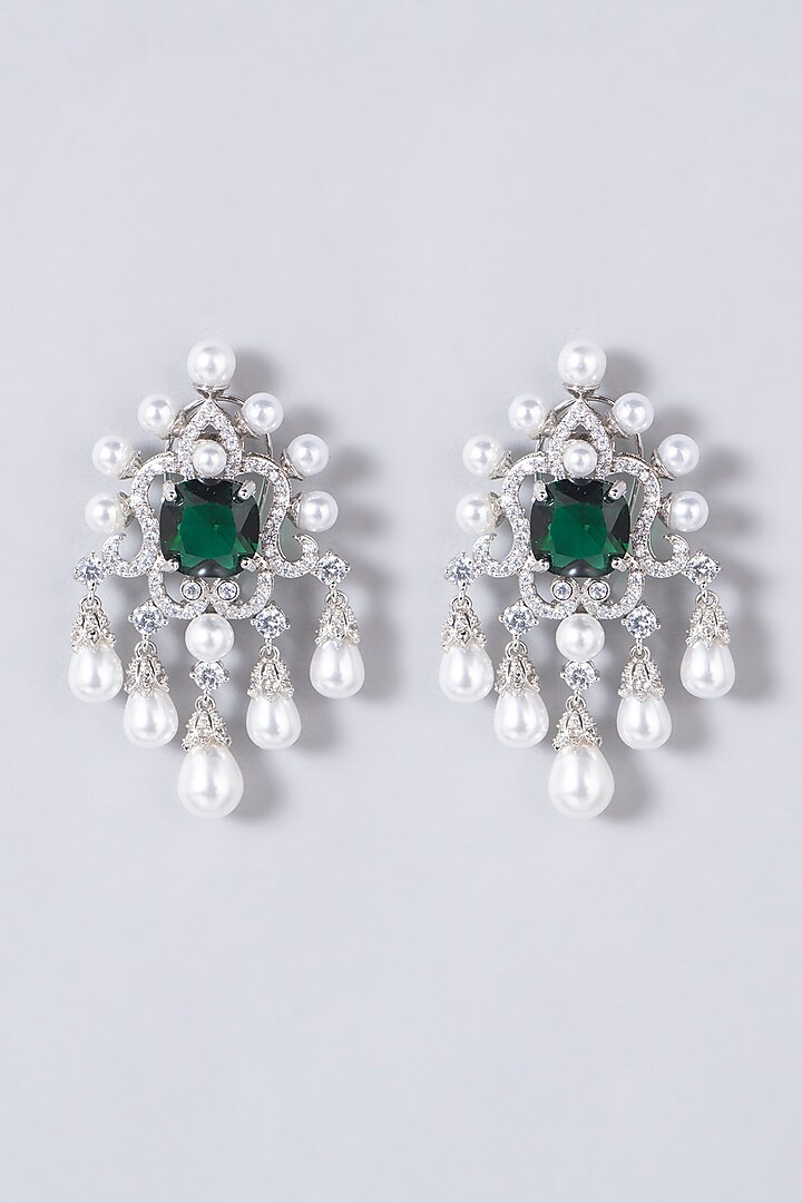 White Finish Pearl & Zircon Earrings by Aster at Pernia's Pop Up Shop
