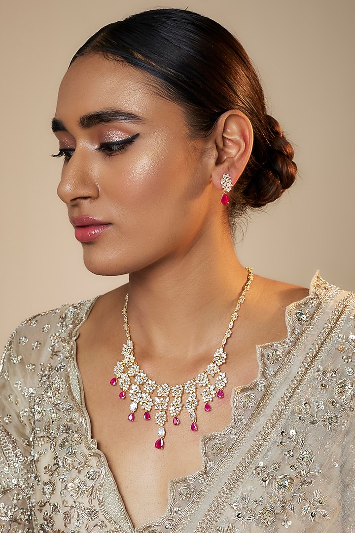 Gold Finish Zircon & Red Stone Necklace Set by Aster at Pernia's Pop Up Shop