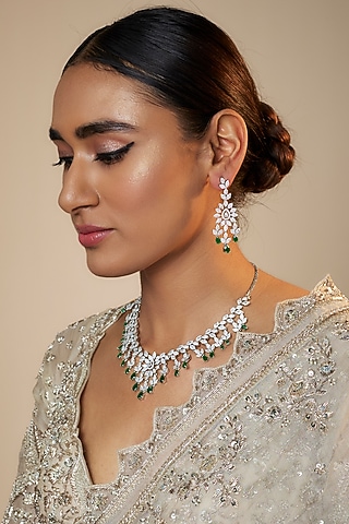 White Finish Zircon & Green Stone Necklace Set by Aster