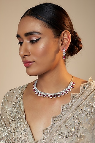 Gold Finish Zircon & Red Stone Necklace Set by Aster