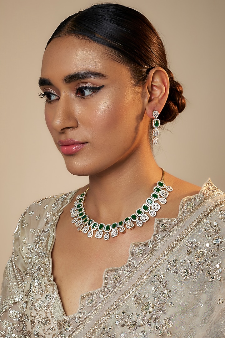 Gold Finish Zircon & Green Stone Necklace Set by Aster at Pernia's Pop Up Shop