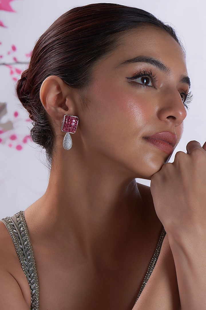 White Finish Zircon & Red Stone Dangler Earrings by Aster at Pernia's Pop Up Shop