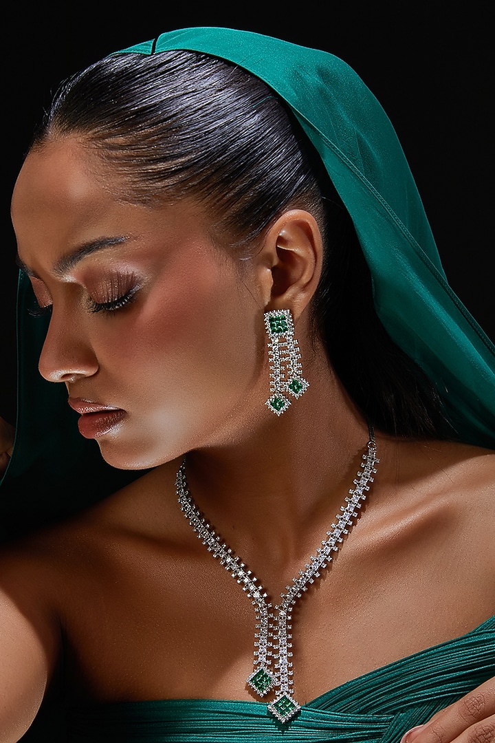 White Finish Zircon & Green Stone Necklace Set by Aster at Pernia's Pop Up Shop