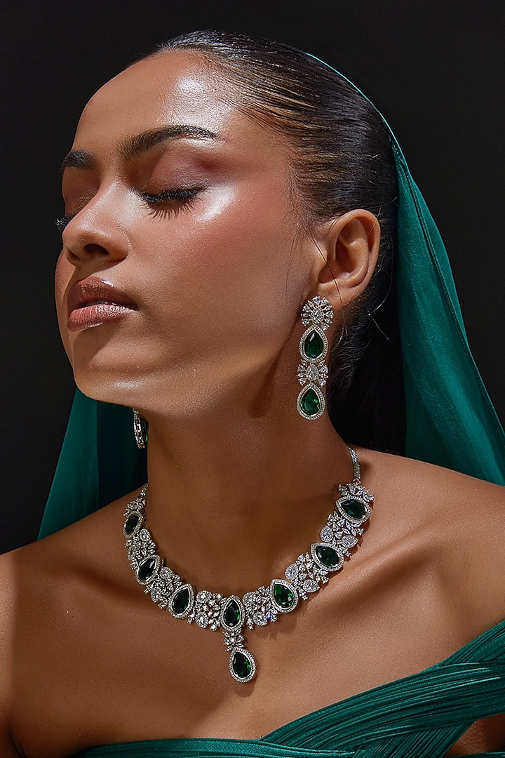 White Finish Zircon & Green Stone Necklace Set by Aster at Pernia's Pop Up Shop