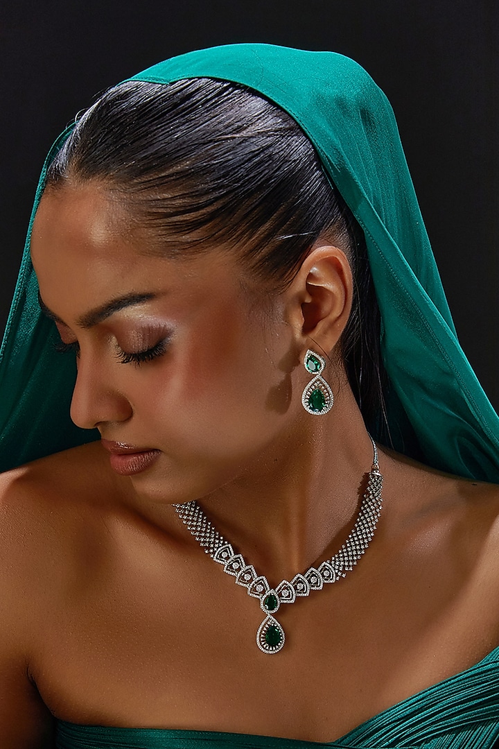 White Finish Zircon & Green Stone Necklace Set by Aster