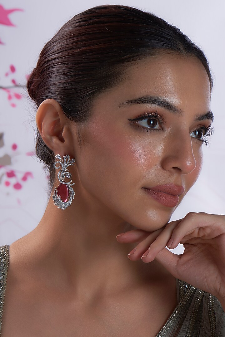 White Finish Zircon & Red Stone Dangler Earrings by Aster at Pernia's Pop Up Shop