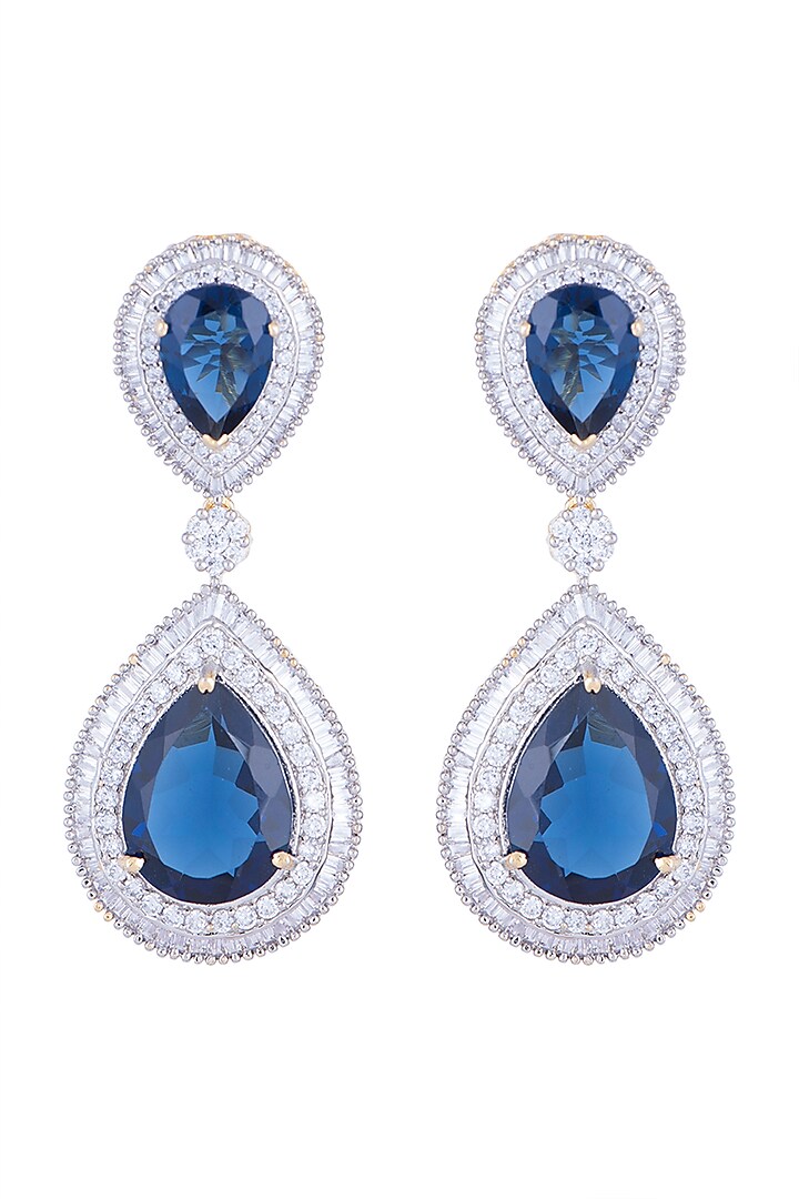 White Rhodium Finish Faux Diamond & Blue Stone Earrings by Aster at Pernia's Pop Up Shop