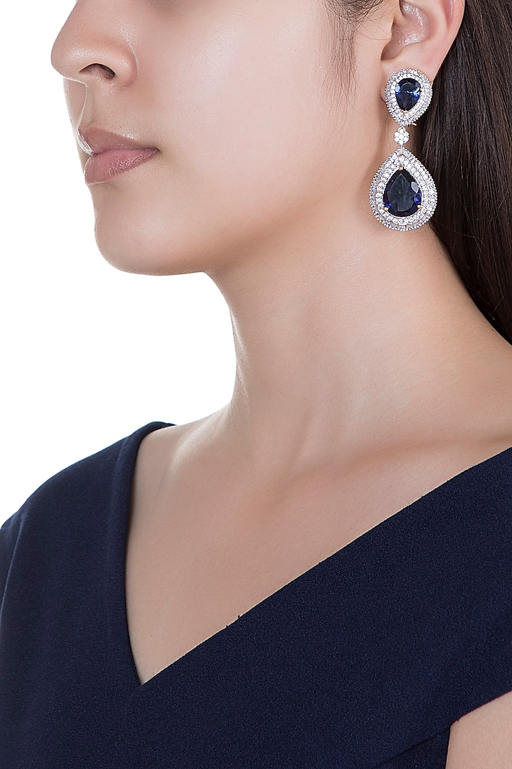 White Rhodium Finish Faux Diamond & Blue Stone Earrings by Aster