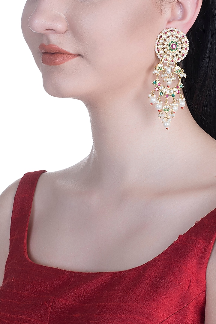 Gold Rhodium Finish Kundan & Colorful Stone Earrings by Aster
