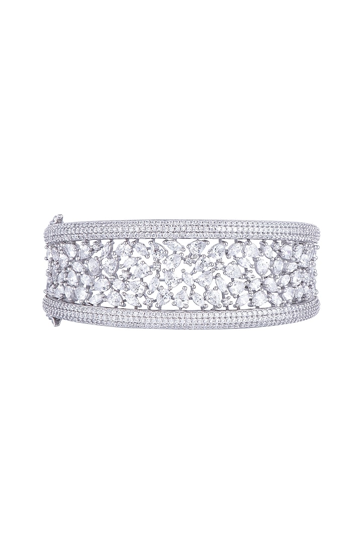 White Rhodium Finish Faux Diamond Openable Kada Bracelet by Aster at Pernia's Pop Up Shop