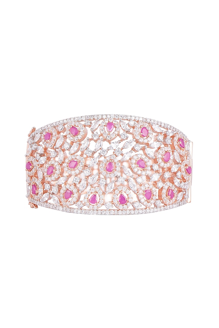 Rose Gold Finish Faux Diamond & Red Stone Openable Kada Bracelet by Aster at Pernia's Pop Up Shop