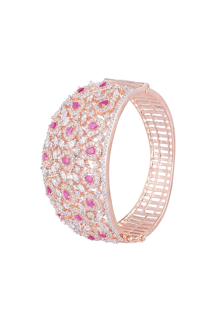 Rose Gold Finish Faux Diamond & Red Stone Openable Kada Bracelet by Aster at Pernia's Pop Up Shop