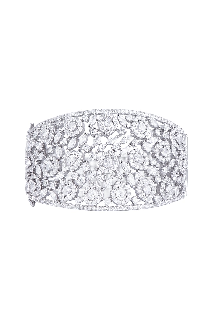 White Rhodium Finish Faux Diamond Kada Bracelet by Aster at Pernia's Pop Up Shop
