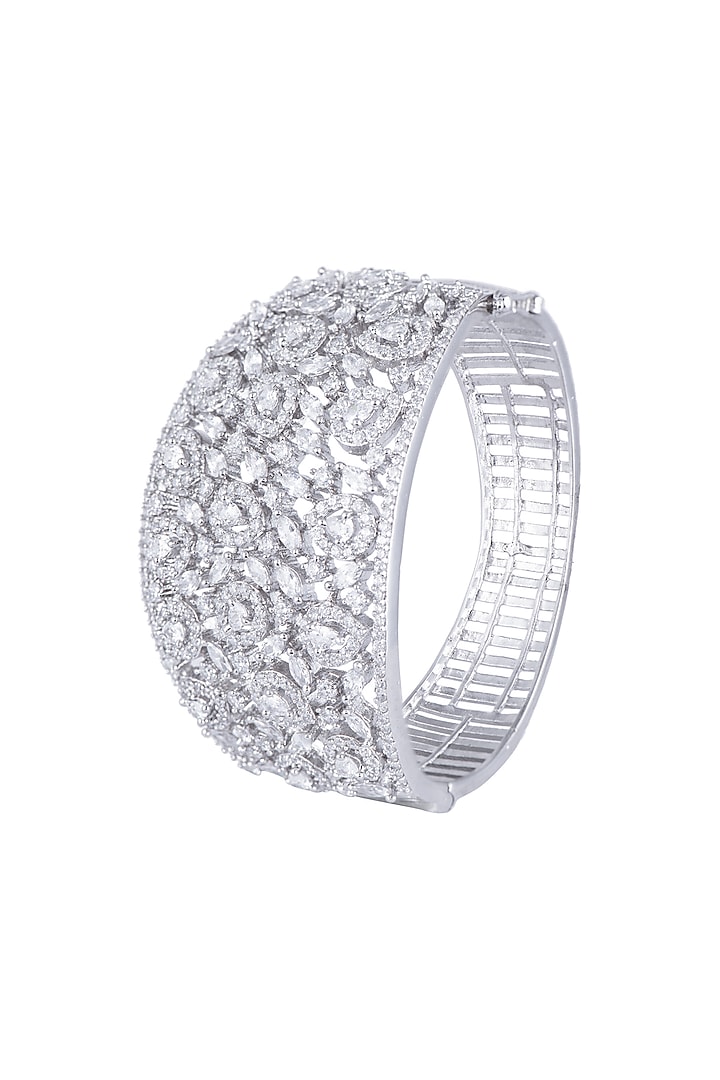 White Rhodium Finish Faux Diamond Kada Bracelet by Aster at Pernia's Pop Up Shop